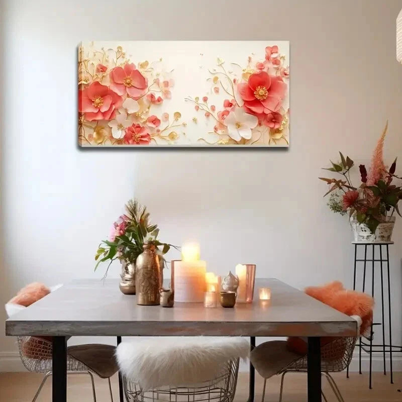 White Floral With Golden Leaf Wall Art Canvas Office Home Room Framed 120x60cm