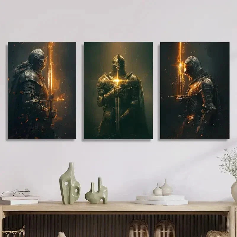 3pcs  Flame knight art of knight wearing full armor  Metal Print Ready to Hang Art