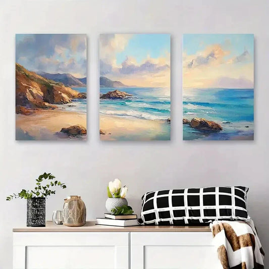 3pcs Tranquil Ocean Landscape with Rocks Metal Print Ready to Hang Art