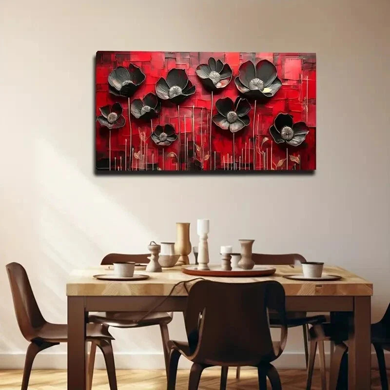 Red & Black Abstract Floral Wall Art Canvas Office Home Room Framed 120x60cm
