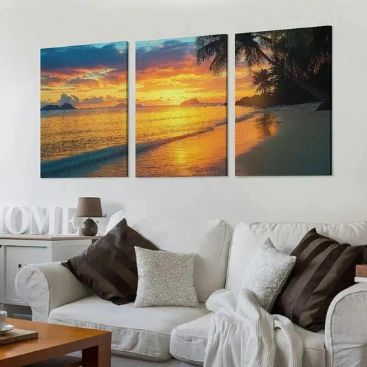 3pcs Tropical Beach Sunset with Palm Trees Wall Art Set Canvas Framed 40x60cm - High Quality Print 100% Australian Made Wall Canvas Ready to Hang
