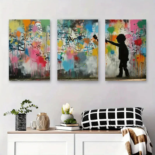 3pcs Colorful Graffiti Girl Abstract Street Metal Print Ready to Hang Art