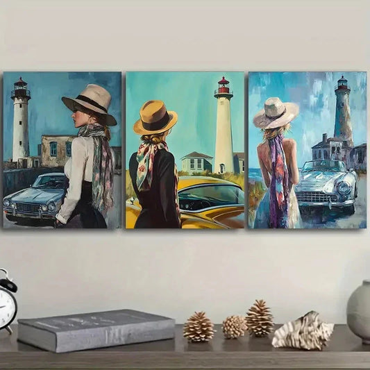 3pcs The girl by the old car Metal Print Ready to Hang Art