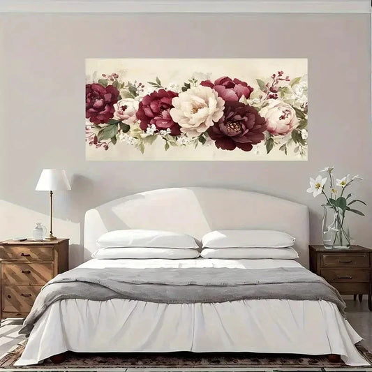 Vintage Peony Floral Wall Art Canvas Office Home Room Framed 80x45cm
