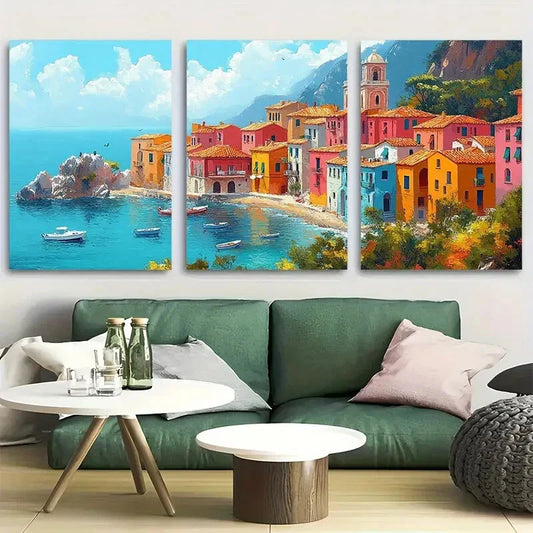 3pcs Colorful Mediterranean Town Architecture Metal Print Ready to Hang Art
