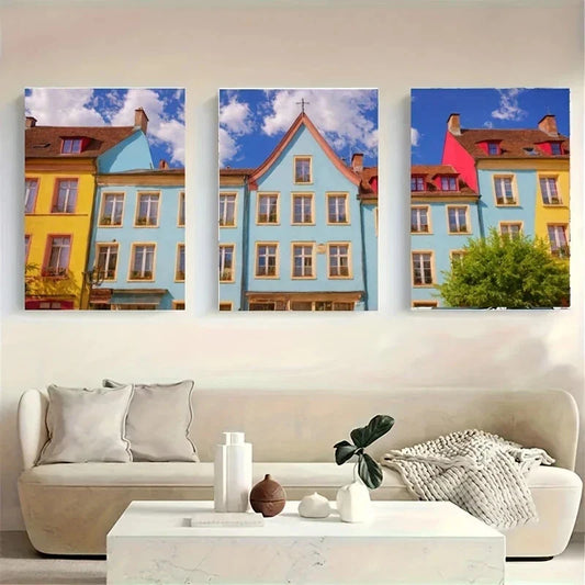3pcs A Row of Colorful Buildings White Wolf Metal Print Ready to Hang Art