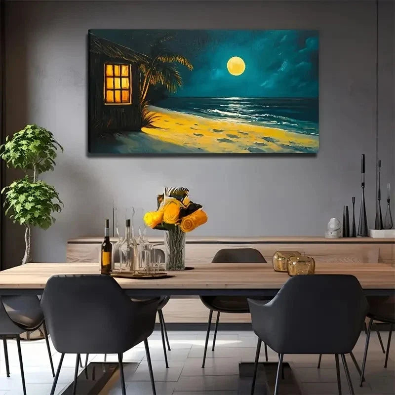 Moon House By The Sea Perfect Wall Art Canvas Office Home Room Framed 80x45cm