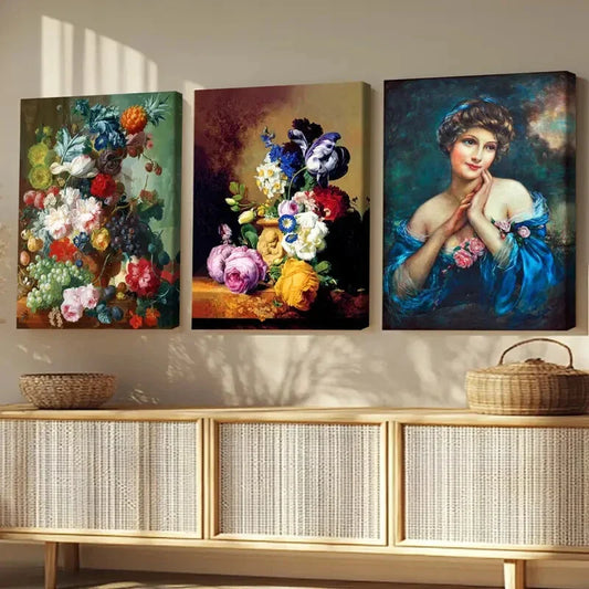 3pcs Creative Fantasy Modern Lady Florals Blue Wall Art Set Canvas Framed 40x60cm - High Quality Print 100% Australian Made Wall Canvas Ready to Hang