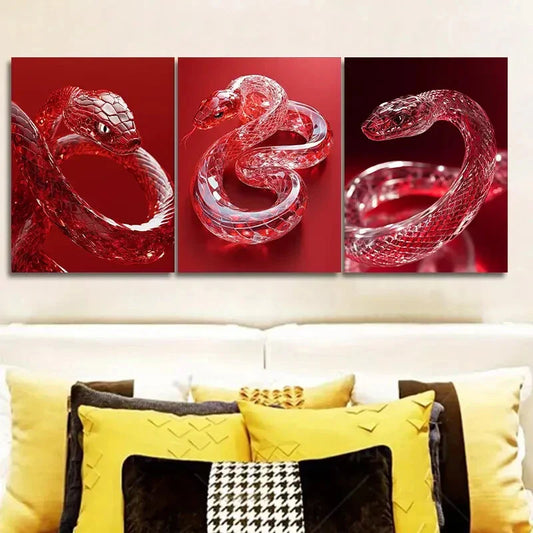 3pcs Red Crystal Snake  Wall Art Set Canvas Framed 40x60cm - High Quality Print 100% Australian Made Wall Canvas Ready to Hang