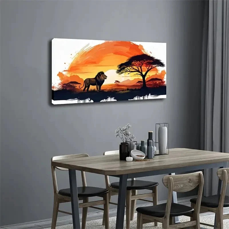 Lone Lion Under Sunset Wall Art Canvas Office Home Room Framed 120x60cm