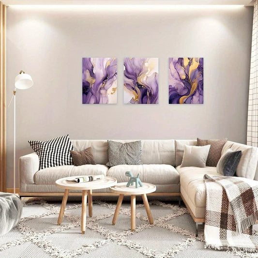 3pcs Purple and Golden Abstract Metal Print Ready to Hang Art