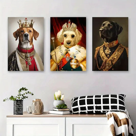 3pcs Dogs Dressed in Regal Crowns Metal Print Ready to Hang Art