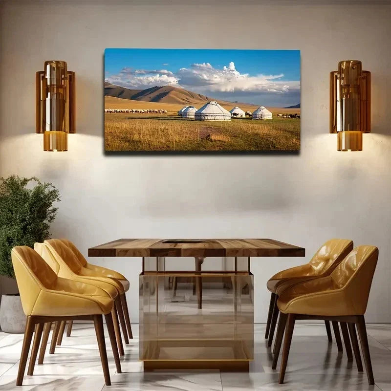 Mongolian Yurt Landscape Wall Art Canvas Office Home Room Framed 80x45cm