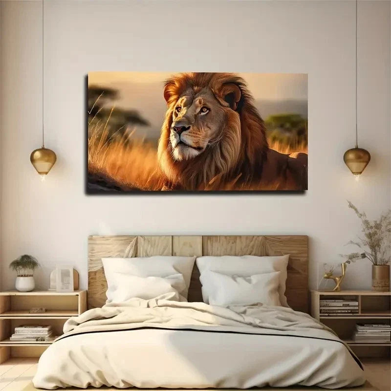 Realistic Lion On The Prairie Wall Art Canvas Office Home Room Framed 120x60cm