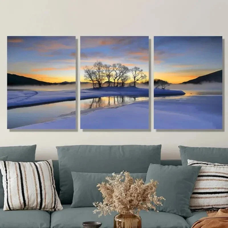 3pcs Snow Scene Sunset Reflection, Metal Print Ready to Hang Art