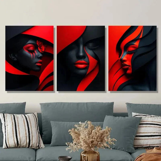 3pcs   geometric red makeup poster, Metal Print Ready to Hang Art