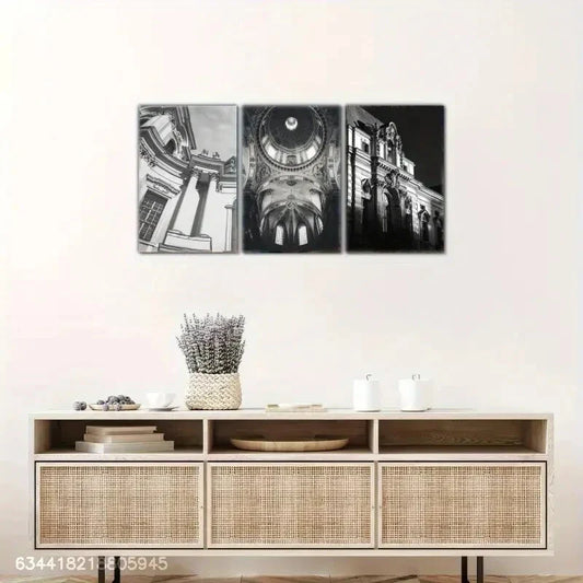 3pcs A black and white Building, Metal Print Ready to Hang Art