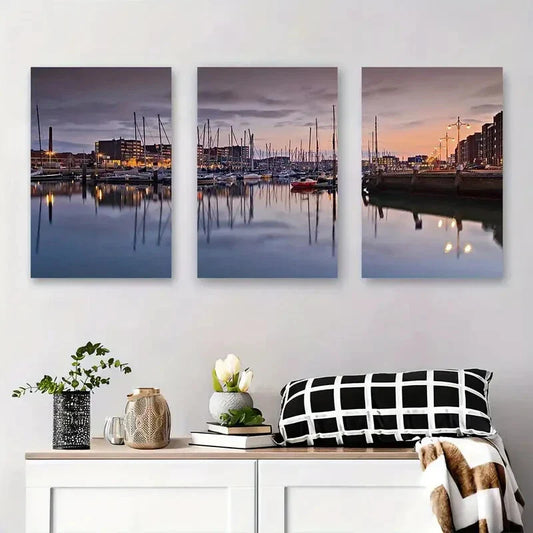3pcs Tranquil Harbor Sunset Serene Marina Metal Print Ready to Hang Art