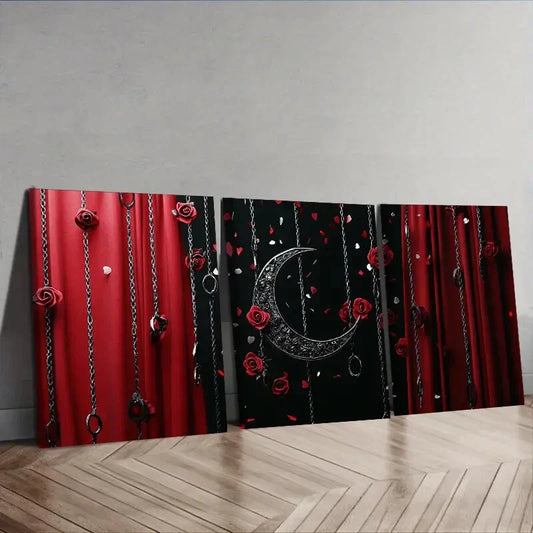 3pcs Black Moon and Red Roses Wall Art Set Canvas Framed 40x60cm - High Quality Print 100% Australian Made Wall Canvas Ready to Hang