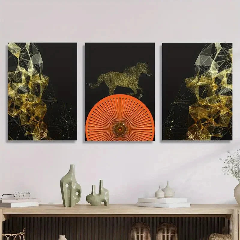 3pcs Light luxury Nordic gold line horse Metal Print Ready to Hang Art