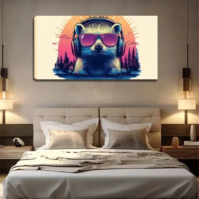 Hedgehog Wearing Headphones Wall Art Canvas Office Home Room Framed 120x60cm