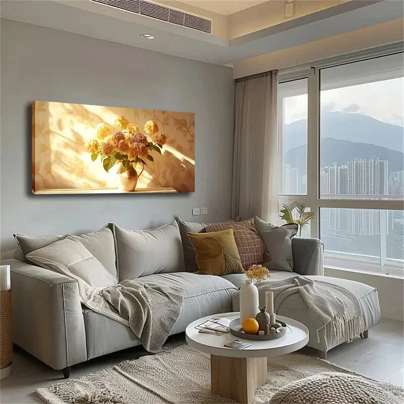 Floral Vase Yellow Hydrangeas Wall Art Canvas Office Home Room Framed 120x60cm
