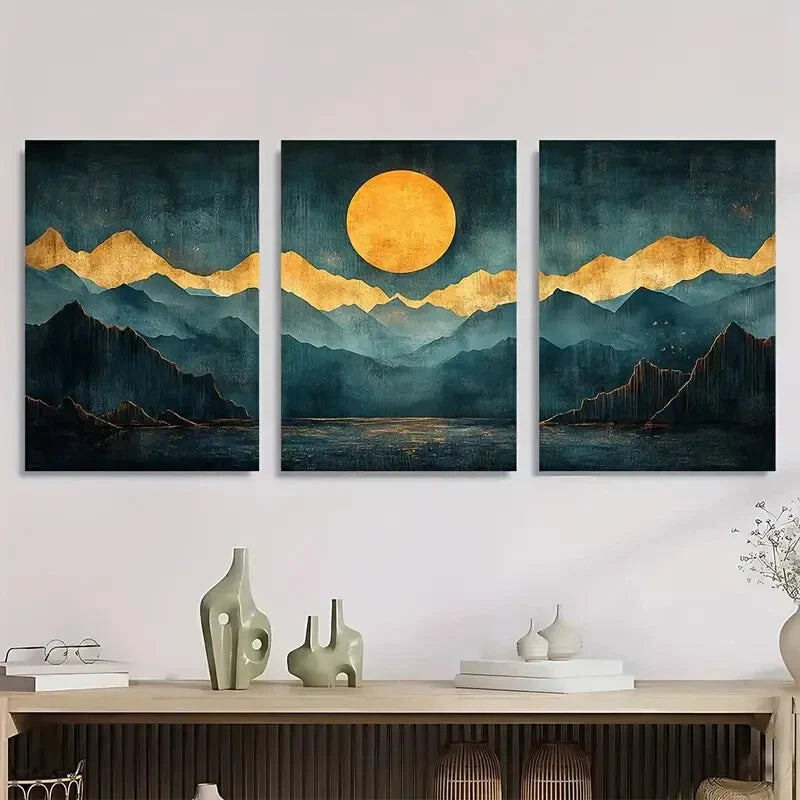 3pcs Dark Blue Green Mustard Yellow Abstract Metal Print Ready to Hang Art
