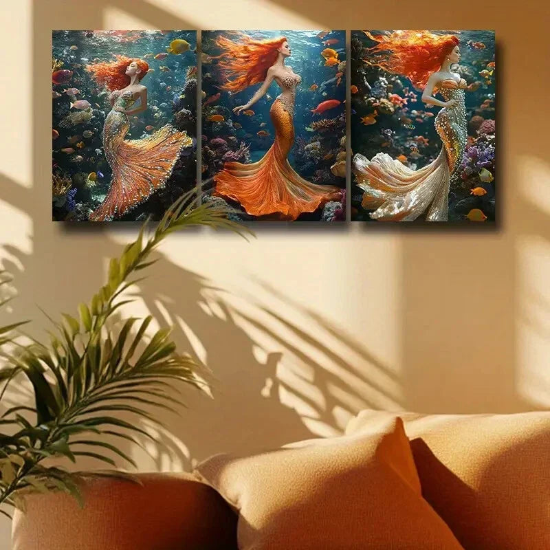 3pcs The Little Mermaid with Colorful Fishes Metal Print Ready to Hang Art
