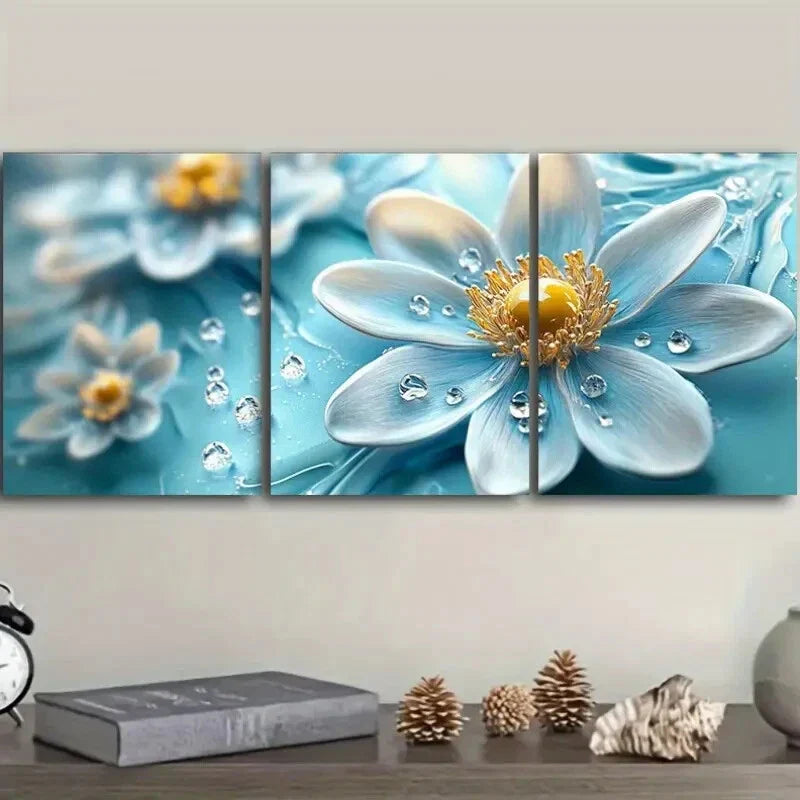 3pcs Featuring Turquoise Glass Flowers Wall Art Set Canvas Framed 40x60cm - High Quality Print 100% Australian Made Wall Canvas Ready to Hang