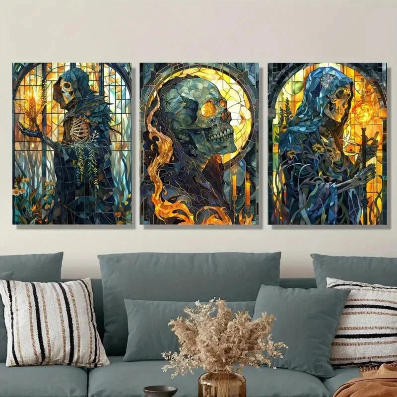 3pcs Modern Horror Themed Ink Painting Metal Print Ready to Hang Art
