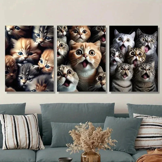 3pcs Cat Family Portrait Ink Animal Print Metal Print Ready to Hang Art