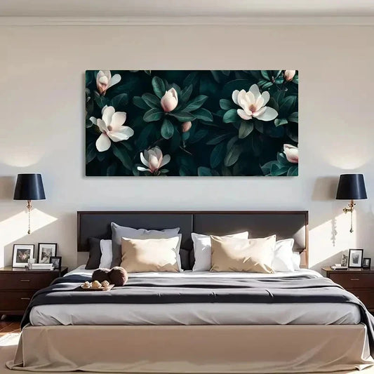 Elegant Floral Magnolia Dark cWall Art Canvas Office Home Room Framed 120x60cm