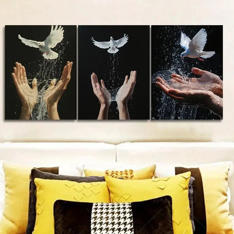 3pcs s Peace Pigeon on Hand Design Metal Print Ready to Hang Art