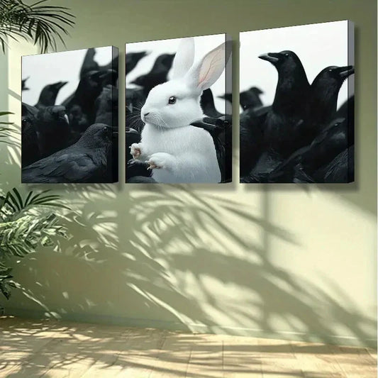 3pcs White rabbit, crow Animal Wall Art Set Canvas Framed 40x60cm -High Quality Print 100% Australian Made Wall Canvas Ready to Hang