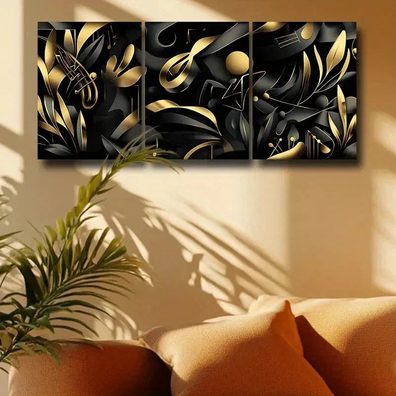 3pcs Modern Golden & Black Swirls Design Metal Print Ready to Hang Art