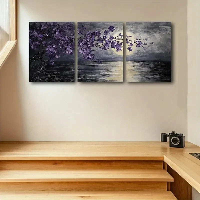 3pcs Purple Cherry Blossoms with Moon & Lake View Metal Print Ready to Hang Art