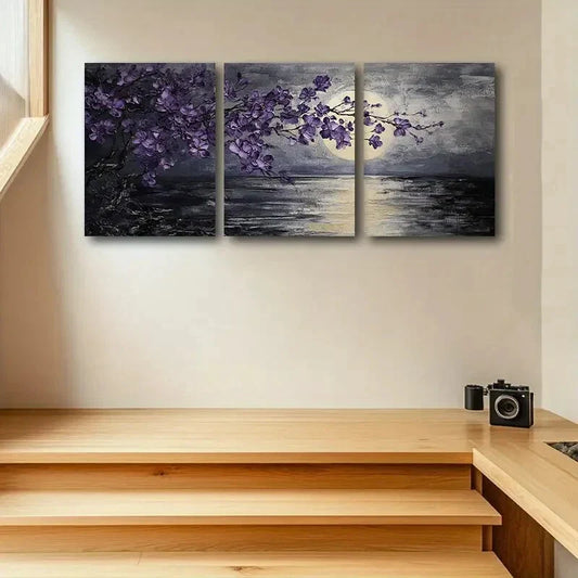 3pcs Purple Cherry Blossoms with Moon & Lake View Metal Print Ready to Hang Art