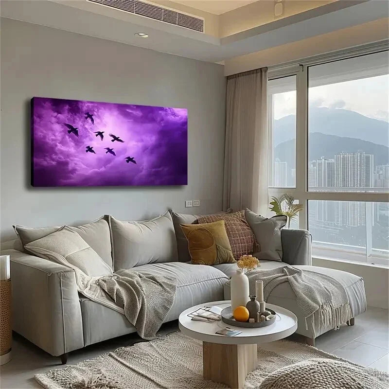 Black Birds Flying The Purple Wall Art Canvas Office Home Room Framed 120x60cm