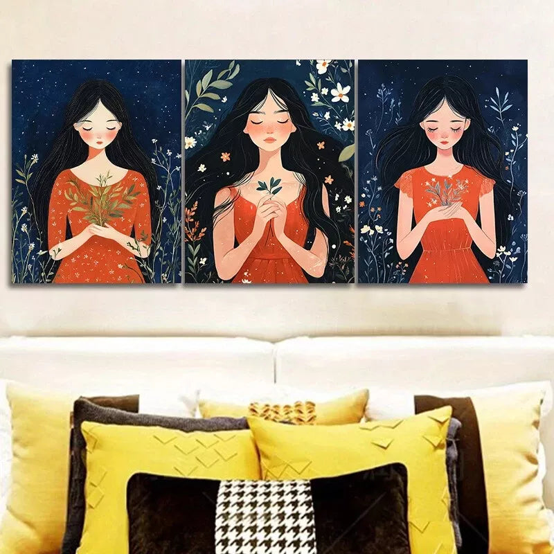 3pcs Flower Girl Prints Nature Flowers Wall Art Set Canvas Framed 40x60cm - High Quality Print 100% Australian Made Wall Canvas Ready to Hang