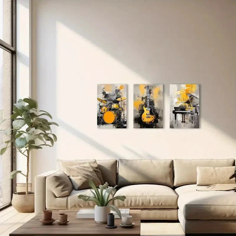 3pcs Black and Golden Guitar Piano and Drum Metal Print Ready to Hang Art