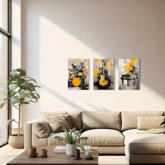 3pcs Black and Golden Guitar Piano and Drum Metal Print Ready to Hang Art