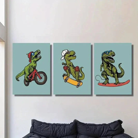 3pcs Sports Tyrannosaurus Rex, Funny and cute Metal Print Ready to Hang Art