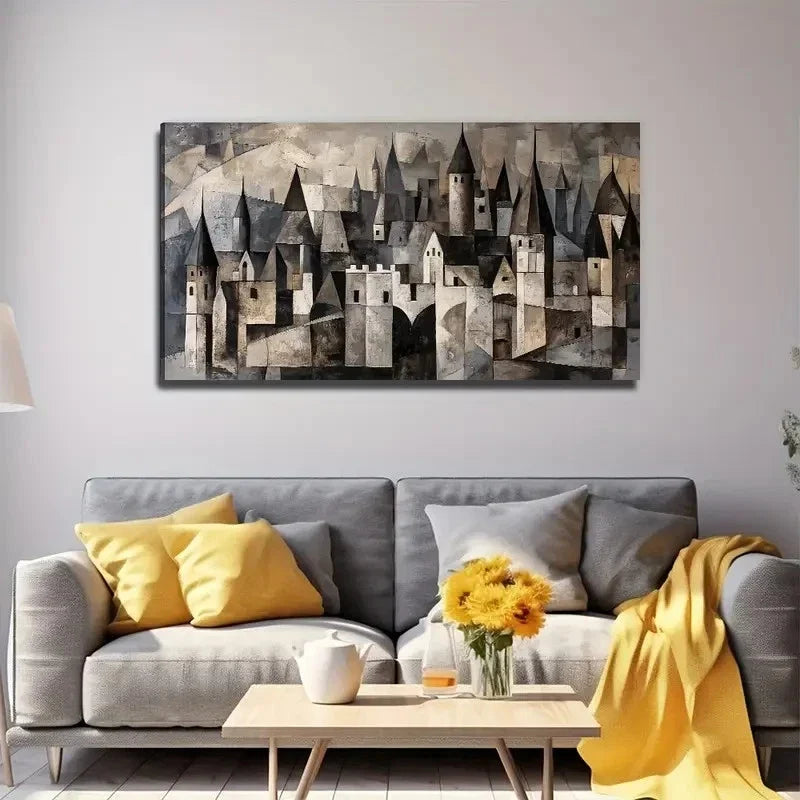 Abstract Castle Modern Wall Art Canvas Office Home Room Framed 80x45cm