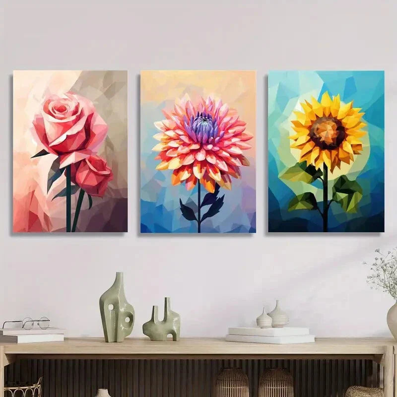 3pcs Cubism pink rose, abstract dahlia Metal Print Ready to Hang Art