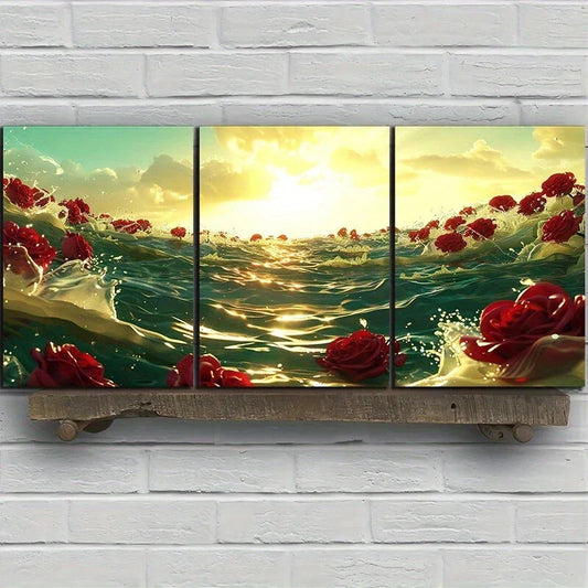 3pcs Red Rose River Sunrise Beach Metal Print Ready to Hang Art