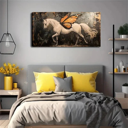 A White Horse with A Butterfly Wall Art Canvas Office Home Room Framed 120x60cm