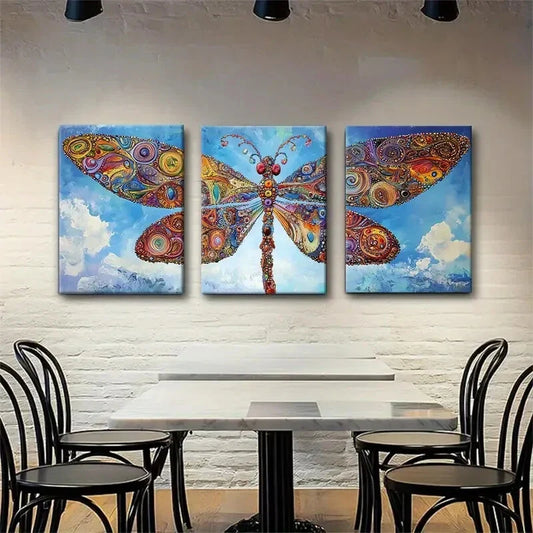 3pcs Vibrant Dragonfly Colorful Abstract Metal Print Ready to Hang Art