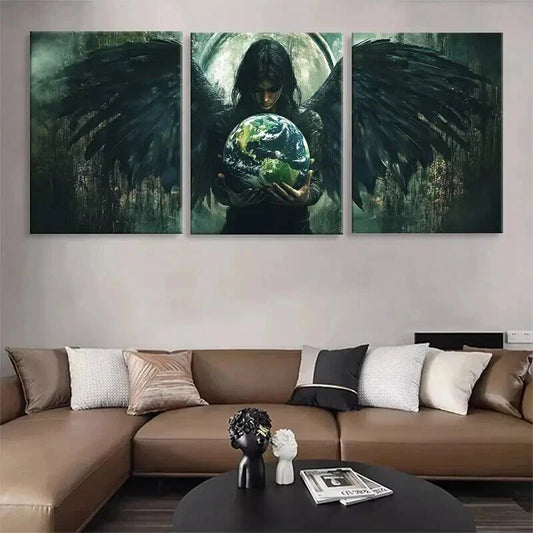 3pcs Dark Angel and Globe Mysterious Perfect Wall Art Set Canvas Framed 40x60cm - High Quality Print 100% Australian Made Wall Canvas Ready to Hang