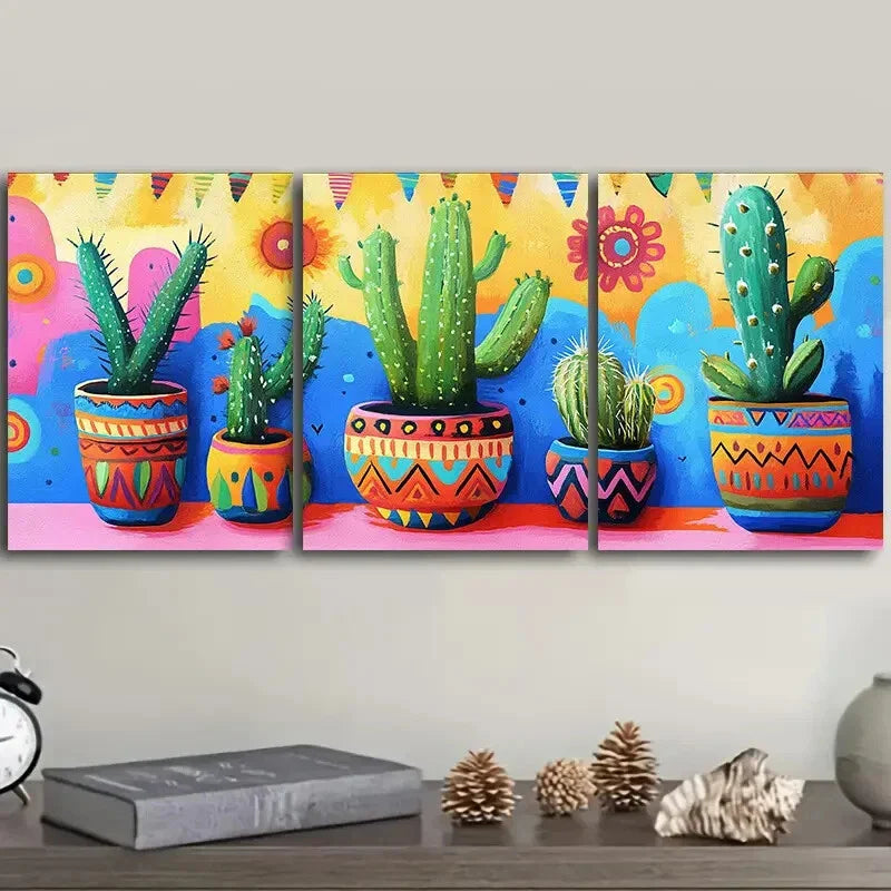 3pcs Cactus in Colorful Flower POTS Painting Wall Art Set Canvas Framed 40x60cm - High Quality Print 100% Australian Made Wall Canvas Ready to Hang