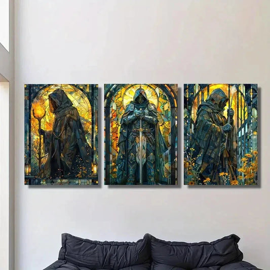3pcs ,Fantasy Paladin Warrior Fantasy Stained Metal Print Ready to Hang Art